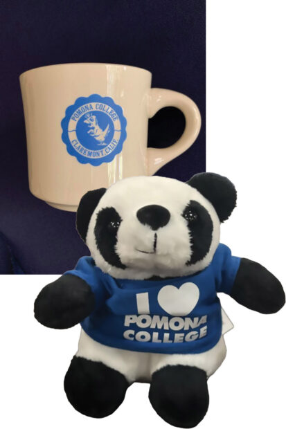 Pomona College T-rex mug and panda doll