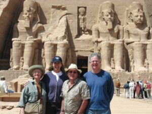 Abu Simbel temple. Left to right_ Nancy (Humphreys) Francis ’54, Dodie Bump ’76, Pat Mulcahy ’66, and Eric Friedman ’75