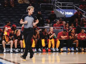Referee Melissa Barlow officiating the Texas vs. UCLA semifinal game at the 2026 Women’s Final Four. Photo by Jeffrey Brown