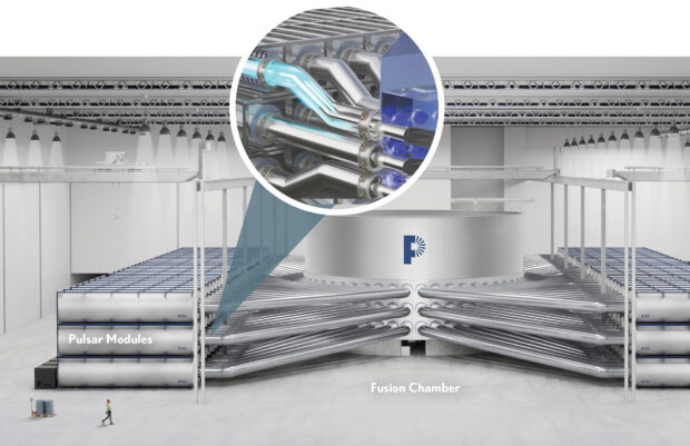 A rendering of Pacific Fusion’s reactor, which uses a method of creating nuclear fusion that employs electrical pulses to compress and heat the fuel.