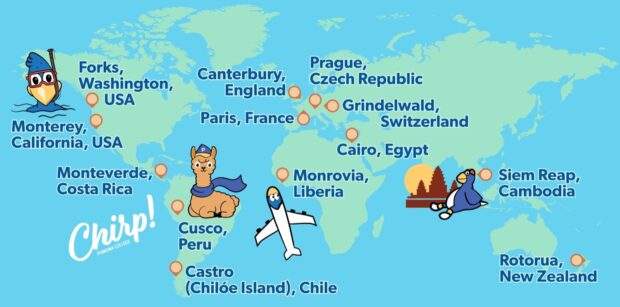 World Map with cartoon illustrations and pins marking Forks, Washington, USA; Monterey, California, USA; Monteverde, Costa Rica; Cusco, Peru; Castro (Chilóe Island), Chile; Canterbury, England; Prague, Czech Republic; Paris, France; Grindelwald, Switzerland; Cairo, Egypt; Monrovia, Liberia; Siem Reap, Cambodia; and Rotorua, New Zealand