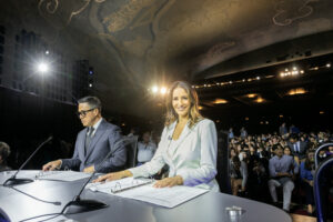 Sara Sadhwani, assistant professor of politics, helped moderate the final segment of the gubernatorial debate.