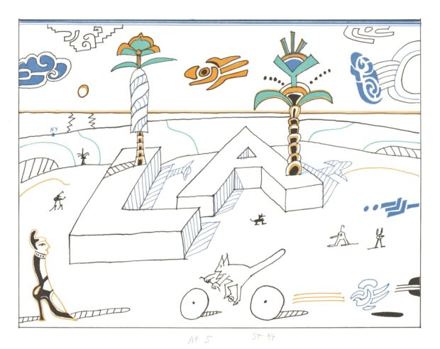 Saul Steinberg, LA, 1994. Photoengraving on wove paper. Pomona College Collection, Gift of the Saul Steinberg Foundation