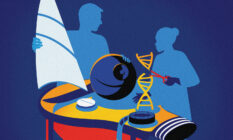 Illustration of big ideas, two thinkers with objects of interest on a table.