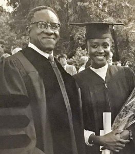 Esther Brimmer with her father, Andrew Brimmer, at the 1983 commencement exercises. 