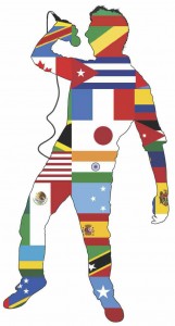 A singing silhouette with many countries' flags 